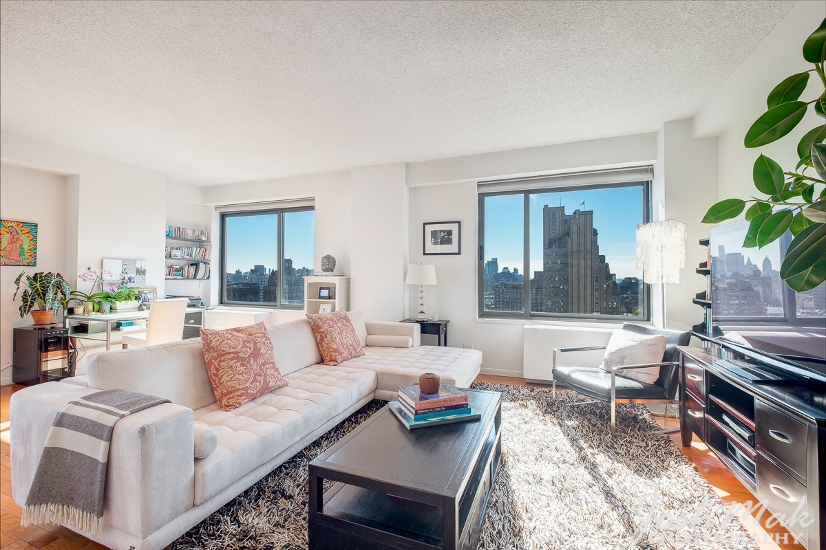 Sunlit living room with sectional sofa and open city views, Upper West Side apartment, by Josh Mak Photography